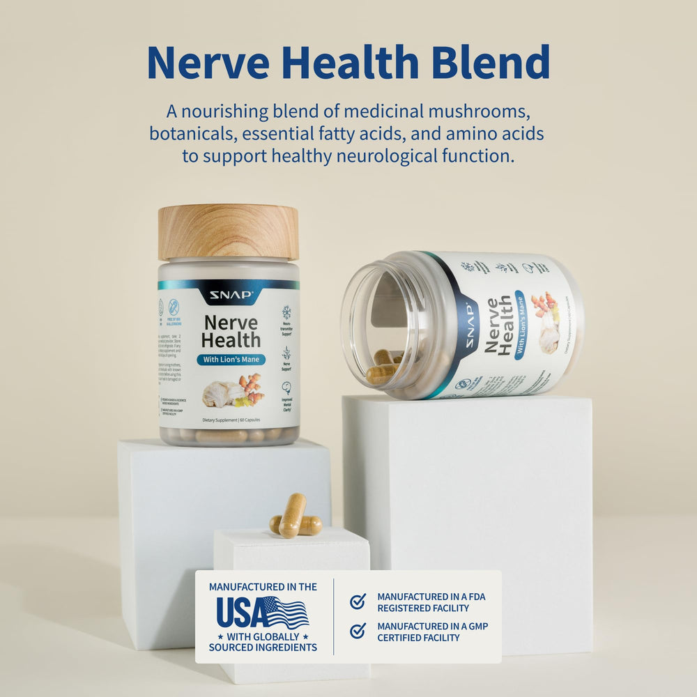 Snap Supplements nerve health capsules closeup displaying plant-based capsules