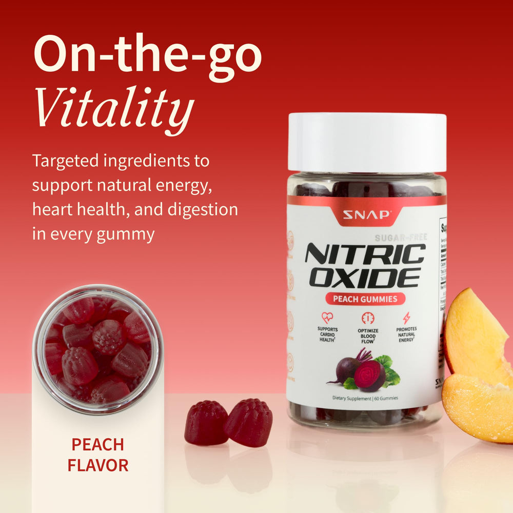 Nitric Oxide Beet Root Gummies bottle back by Snap Supplements detailing ingredients and benefits for circulation