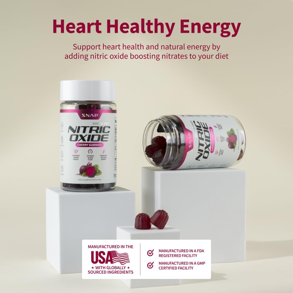 Snap Supplements Nitric Oxide Beet Root Gummies on shelf emphasizing clean USA made quality.