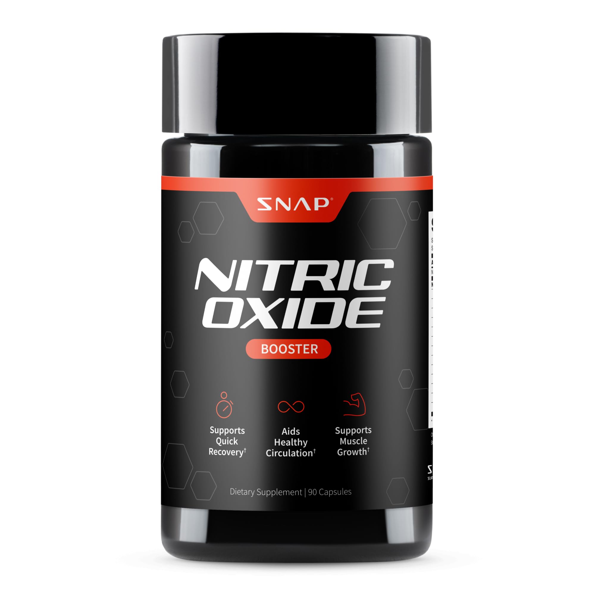 Snap Supplements Nitric Oxide bottle with capsules, supporting natural energy and circulation.