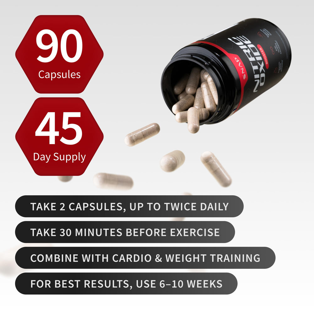 Snap Supplements Nitric Oxide packaging on workout bench suggests convenient daily use.