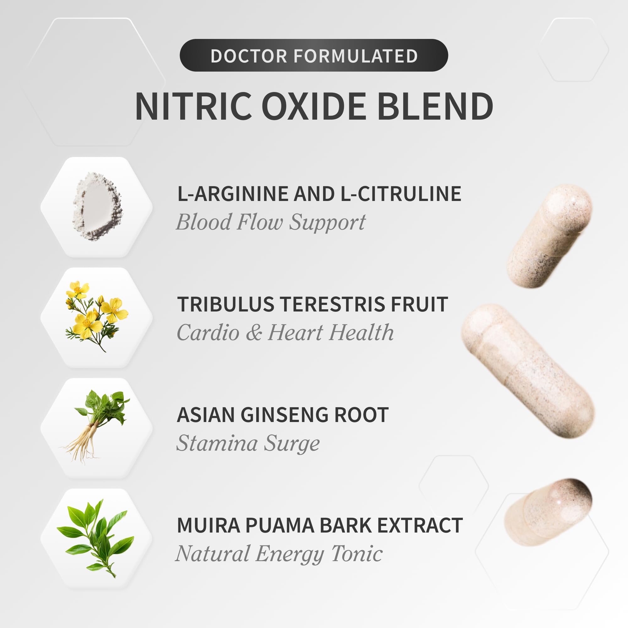 Snap Supplements Nitric Oxide pills closeup highlighting L-Arginine and L-Citrulline for circulation.