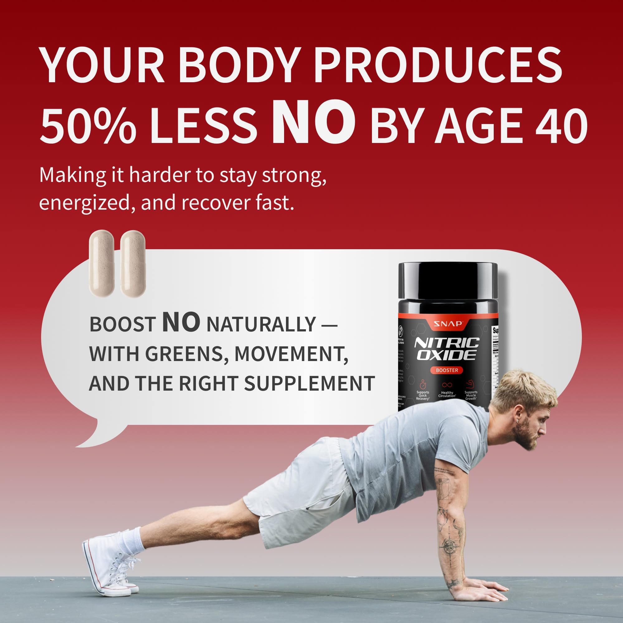 Snap Supplements Nitric Oxide bottle in gym scene for on-the-go energy support.