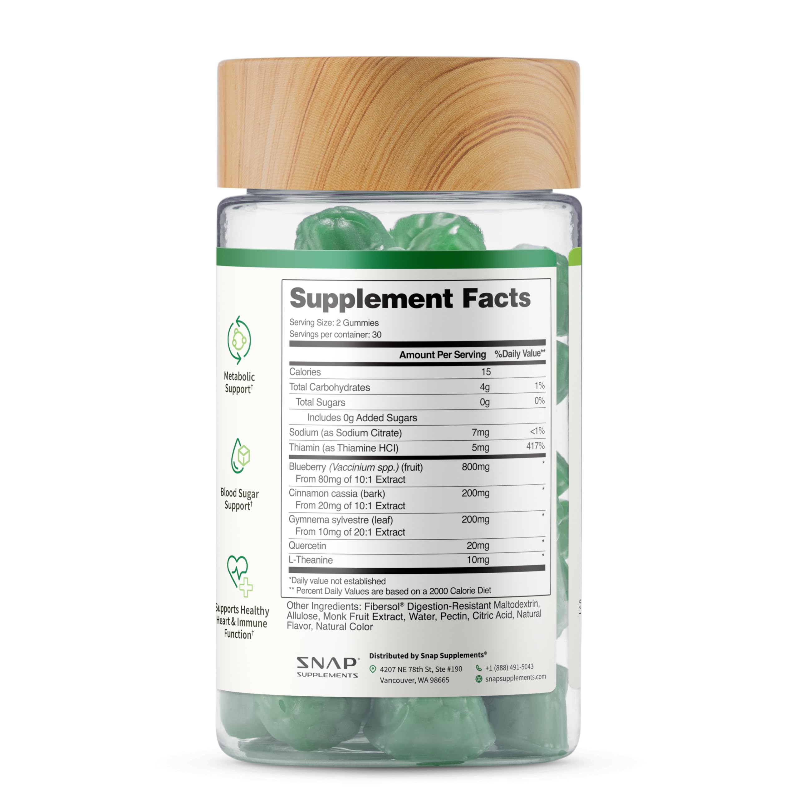 Snap Supplements Blood Sugar Gummies non-GMO label indicating quality and transparency.