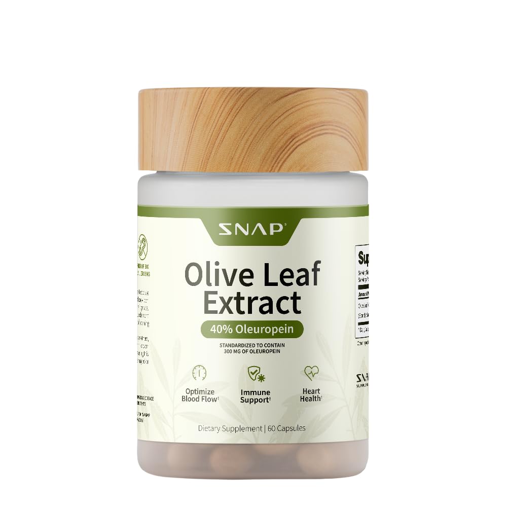 Snap Supplements Olive Leaf Extract bottle front shows high-potency oleuropein for daily wellness.