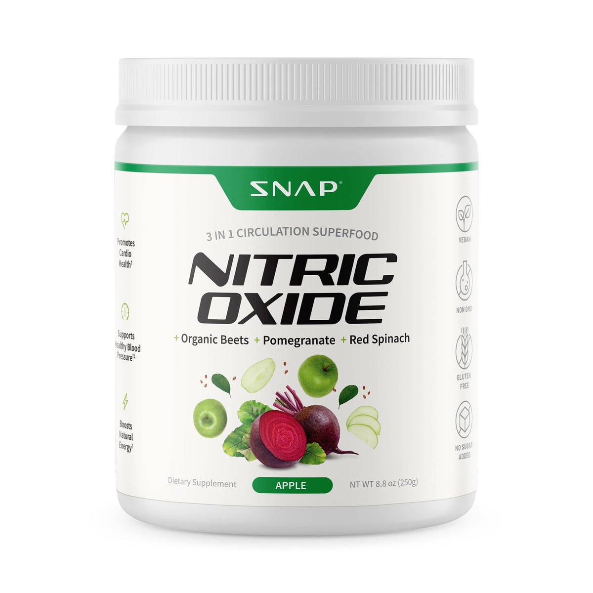 Snap Supplements Organic Beet Root Powder apple bottle ready to mix for natural energy.