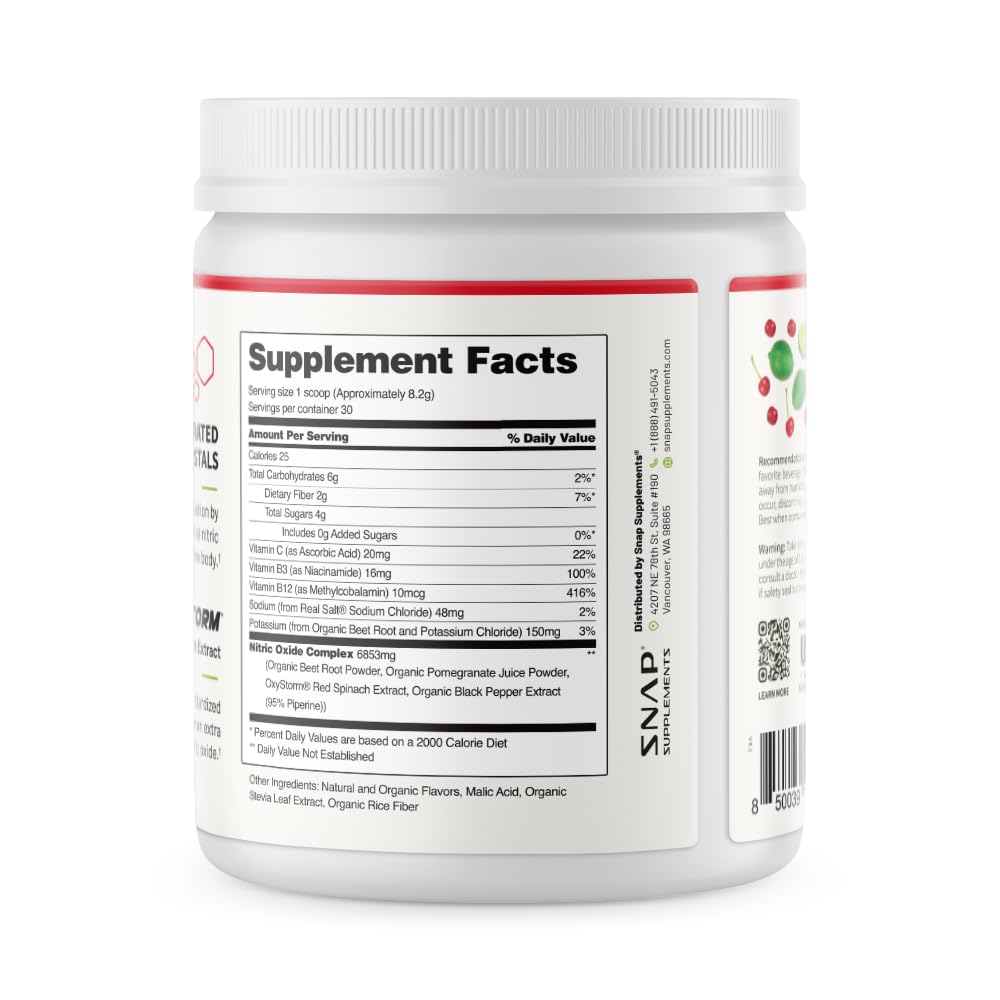 Snap Supplements Organic Beet Root Powder label highlights organic beets and pomegranate.