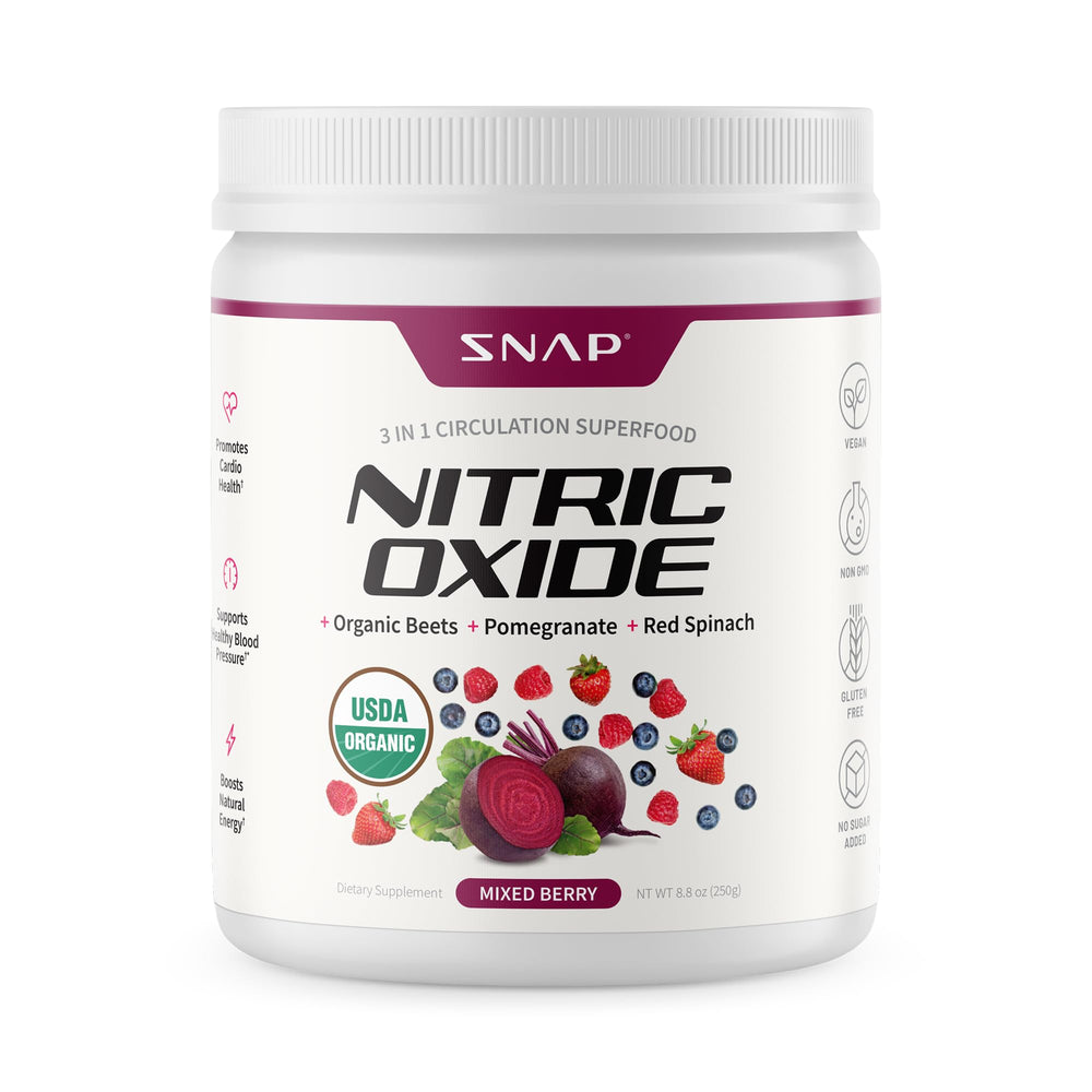Snap Supplements organic beetroot powder bottle on counter for natural energy support.