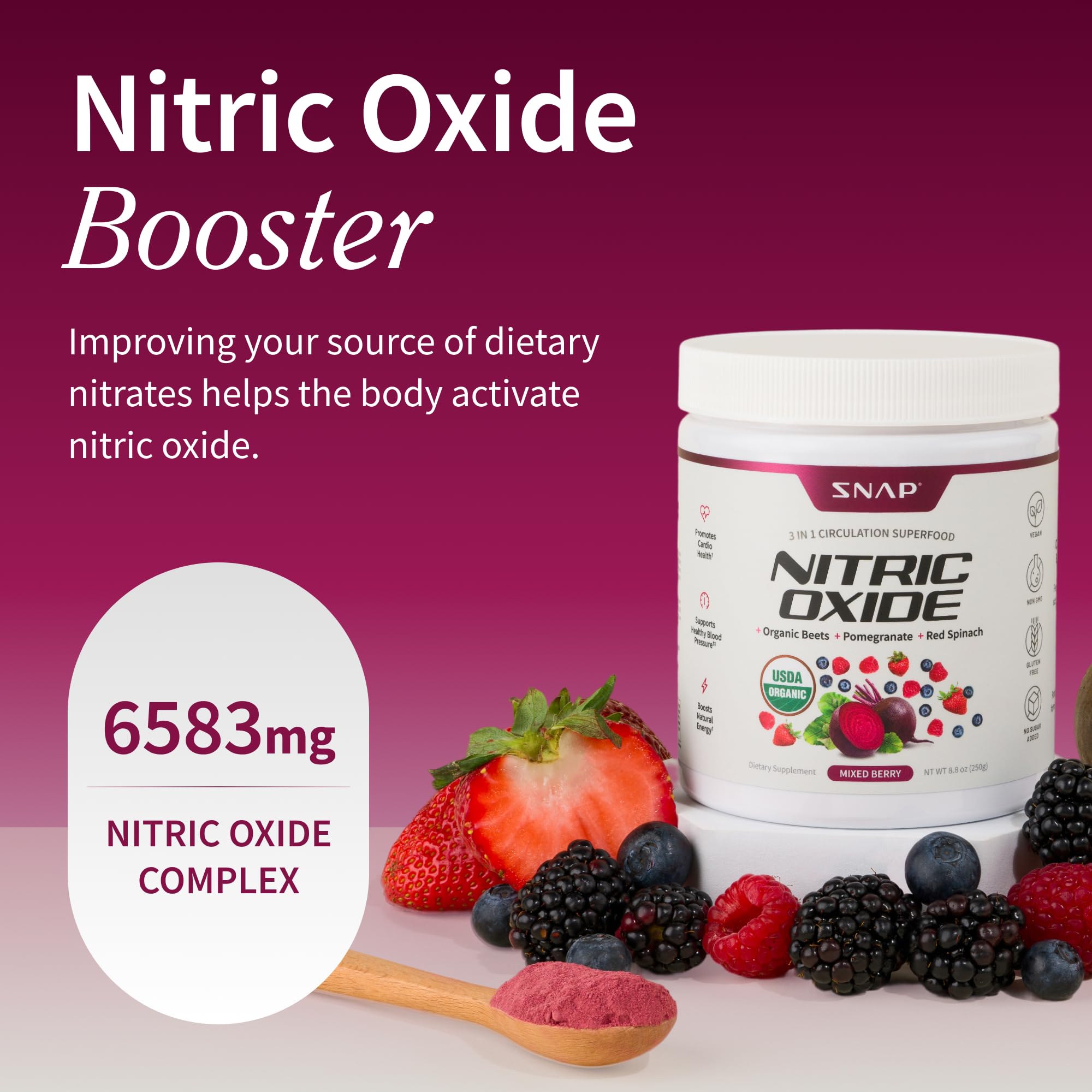 Snap Supplements organic beetroot powder scoop for convenient daily servings.