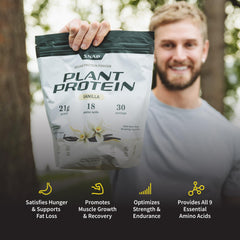 Snap Supplements organic plant-based protein tub shows 21 g protein per serving.