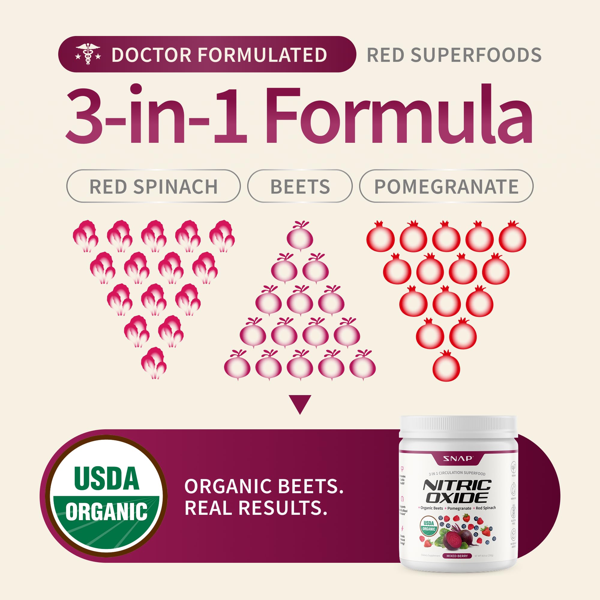 Snap Supplements pomegranate beetroot blend tub close-up with vibrant color.