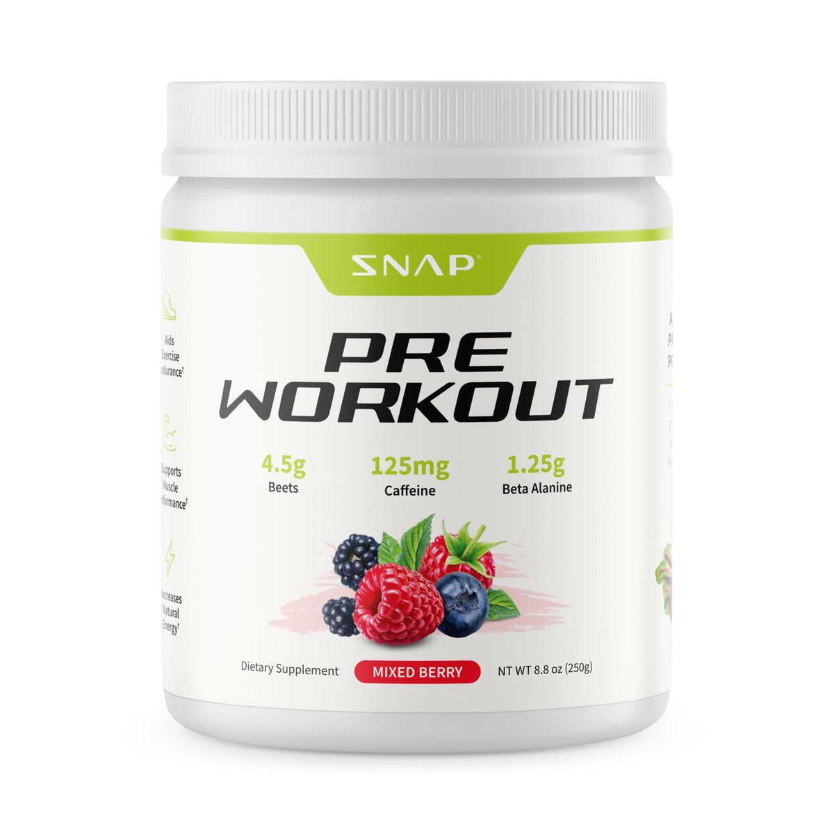Snap Supplements pre-workout beet root powder label highlights natural energy support for workouts.