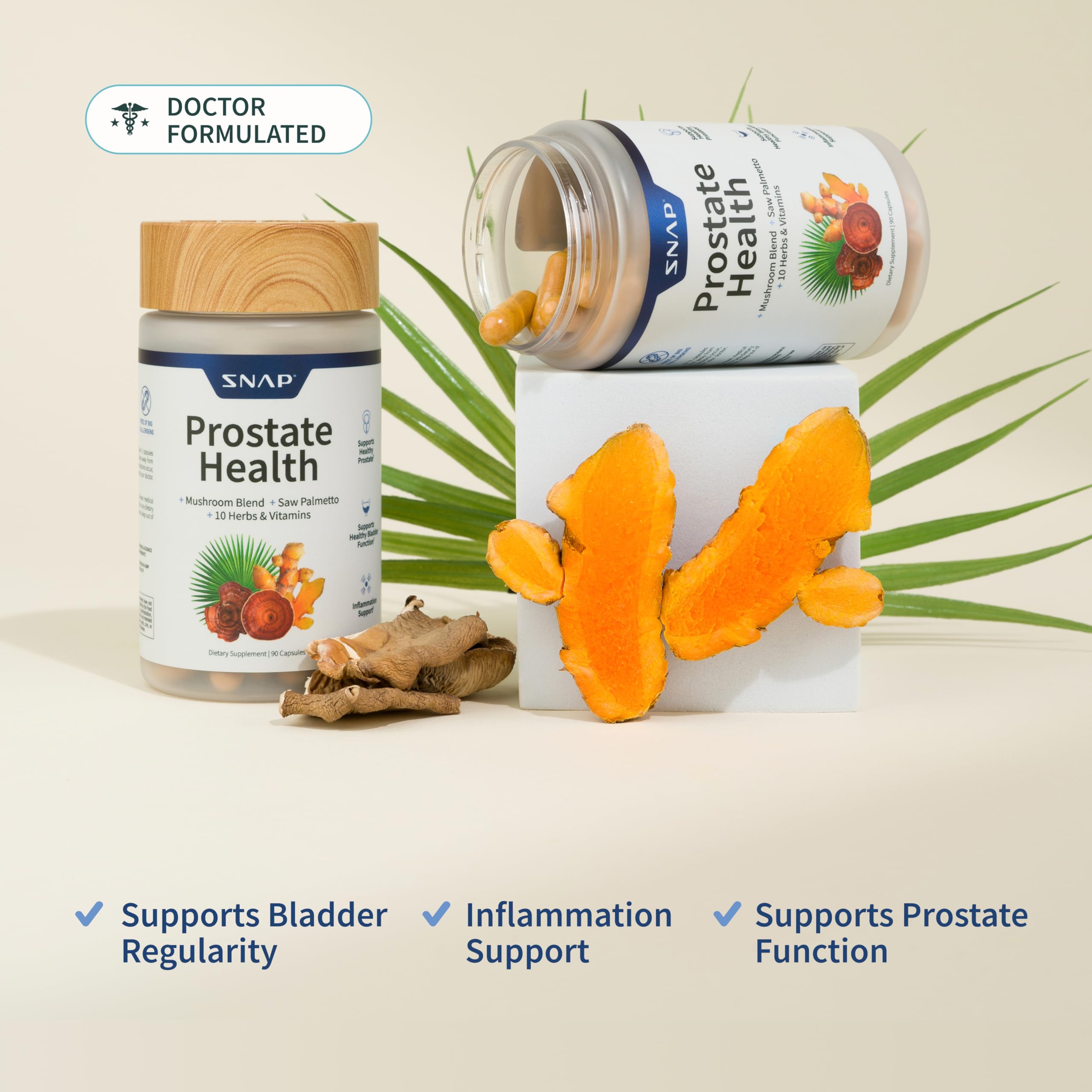 Maitake and reishi mushrooms in Snap Supplements Prostate Health packaging