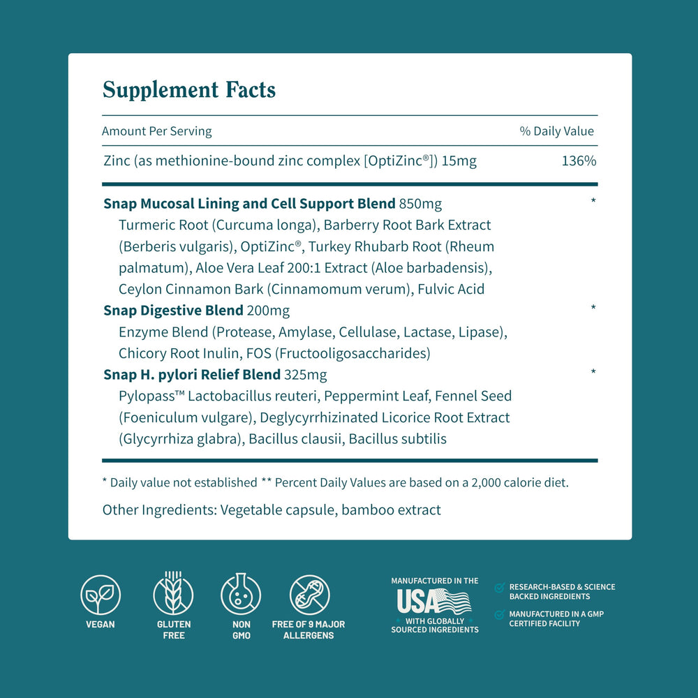 Snap Supplements pylopass probiotics capsules suggest balanced gut microbiome.