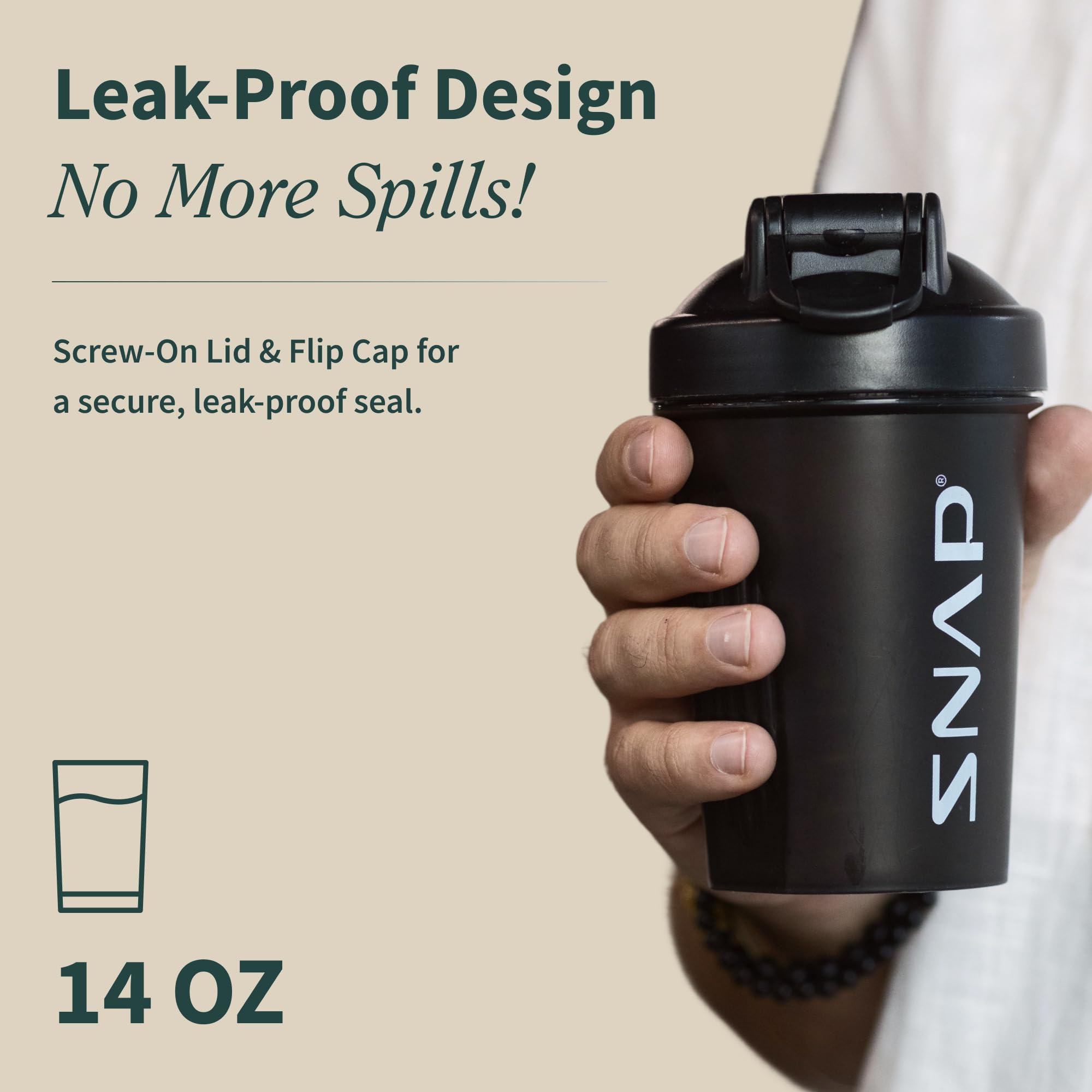 Snap Supplements shaker bottle with a secure lid for leak-free on-the-go hydration.