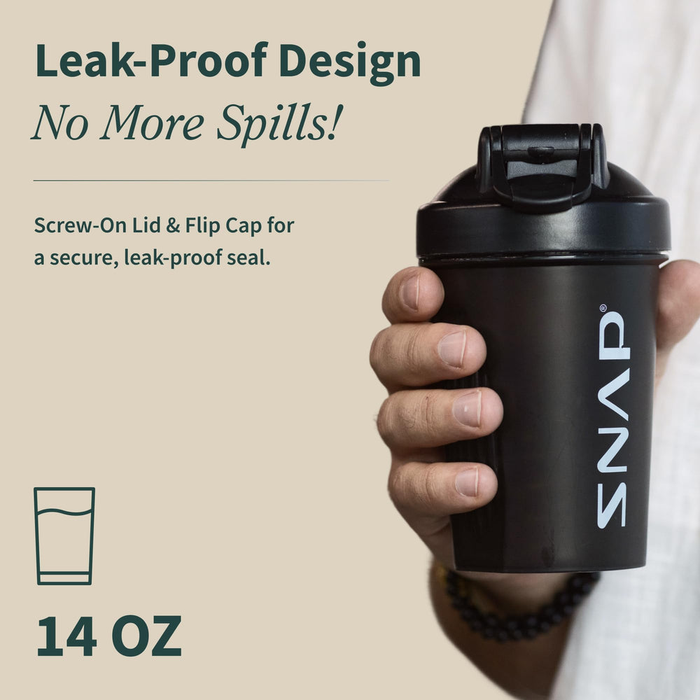 Snap Supplements shaker bottle with a secure lid for leak-free on-the-go hydration.