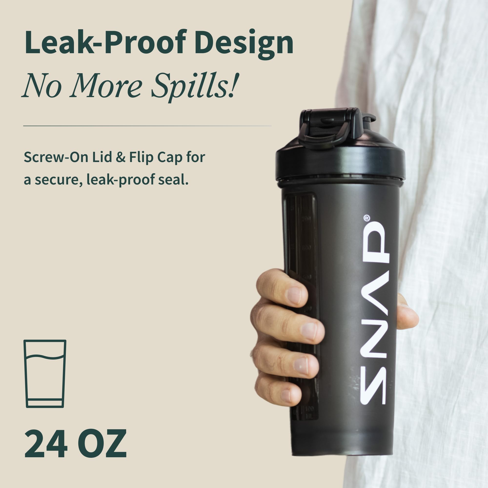 Inside the Snap Supplements shaker bottle, the mixing ball powers smooth shakes.