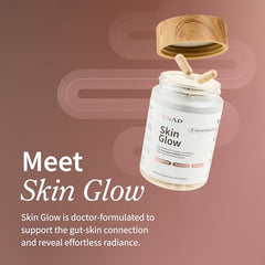 Snap Supplements Skin Glow bottle back highlighting gut-skin balance ingredients
