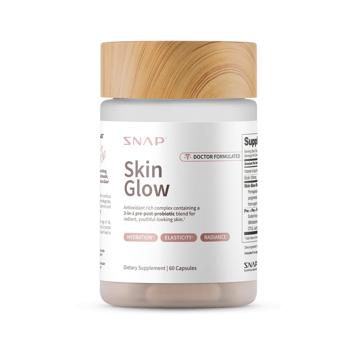Snap Supplements Skin Glow bottle front showing radiant skin support for daily use