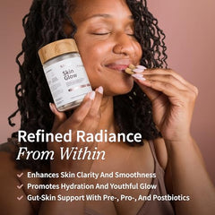 Snap Supplements Skin Glow capsules closeup indicating easy daily intake