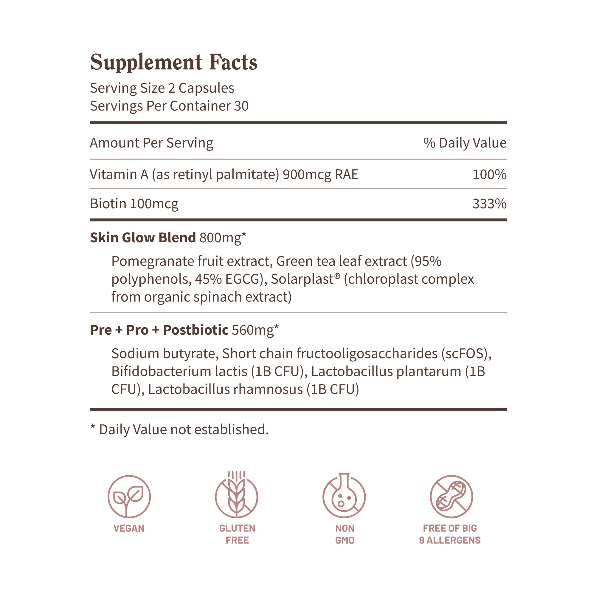 Snap Supplements Skin Glow label closeup confirms vegan-friendly, non-GMO formula