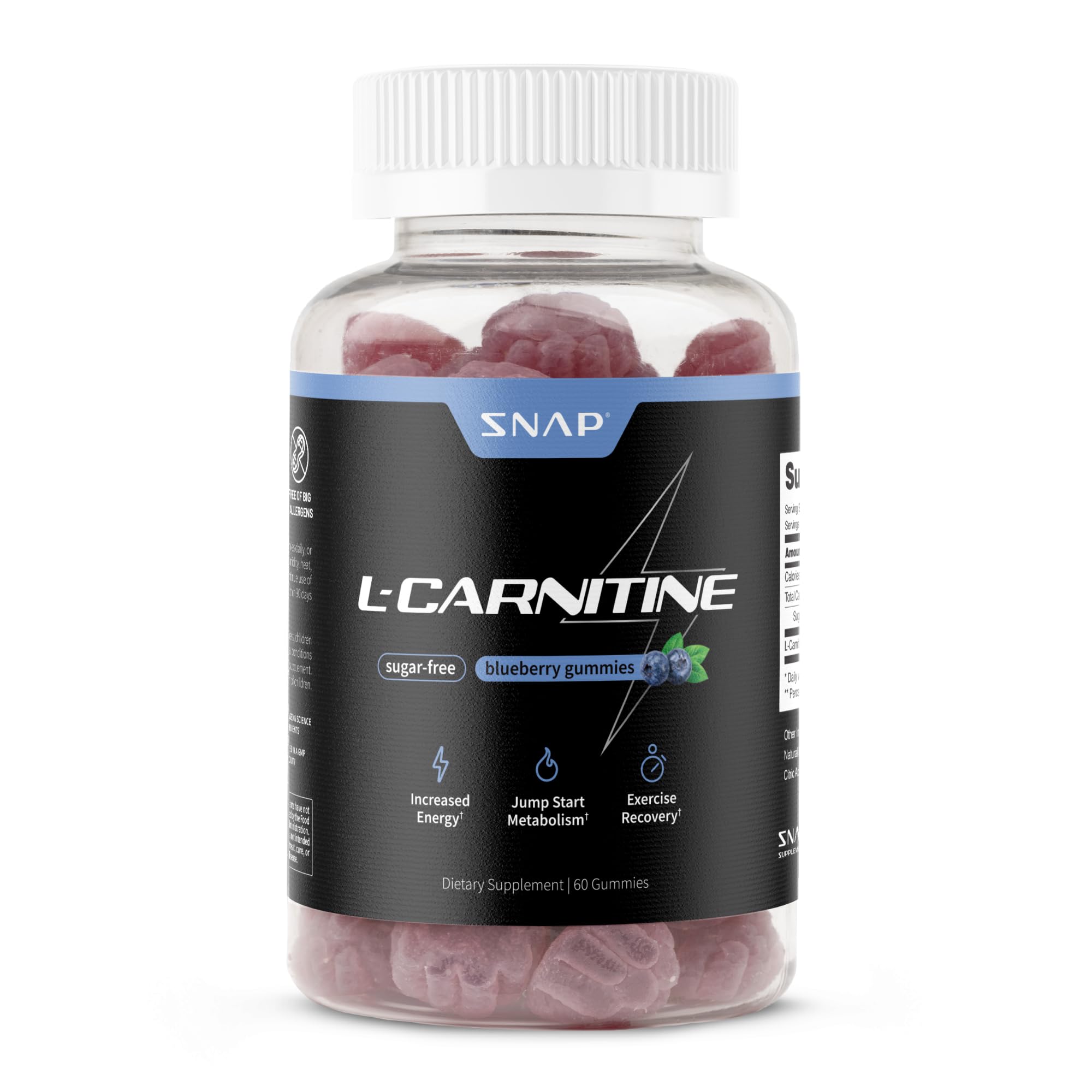 Snap Supplements sugar-free L-Carnitine gummies bottle shows convenient pre-workout energy support
