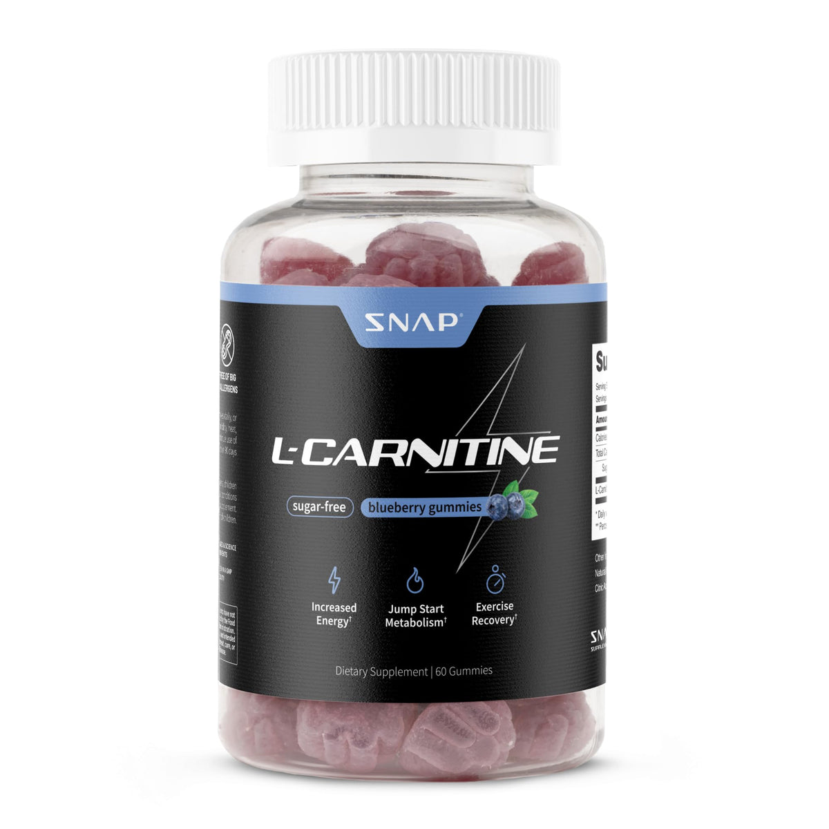Snap Supplements sugar-free L-Carnitine gummies bottle shows convenient pre-workout energy support