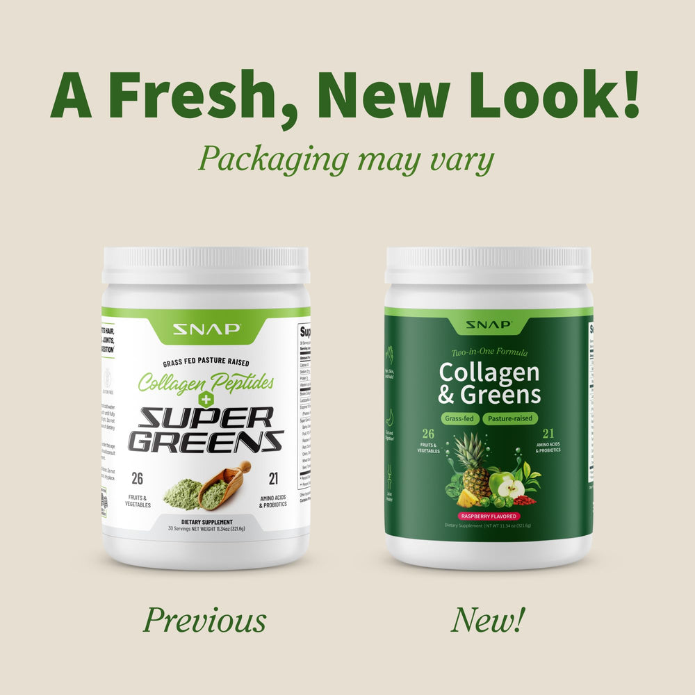 Snap Supplements Super Greens bottle pour highlighting convenient serving for busy days.