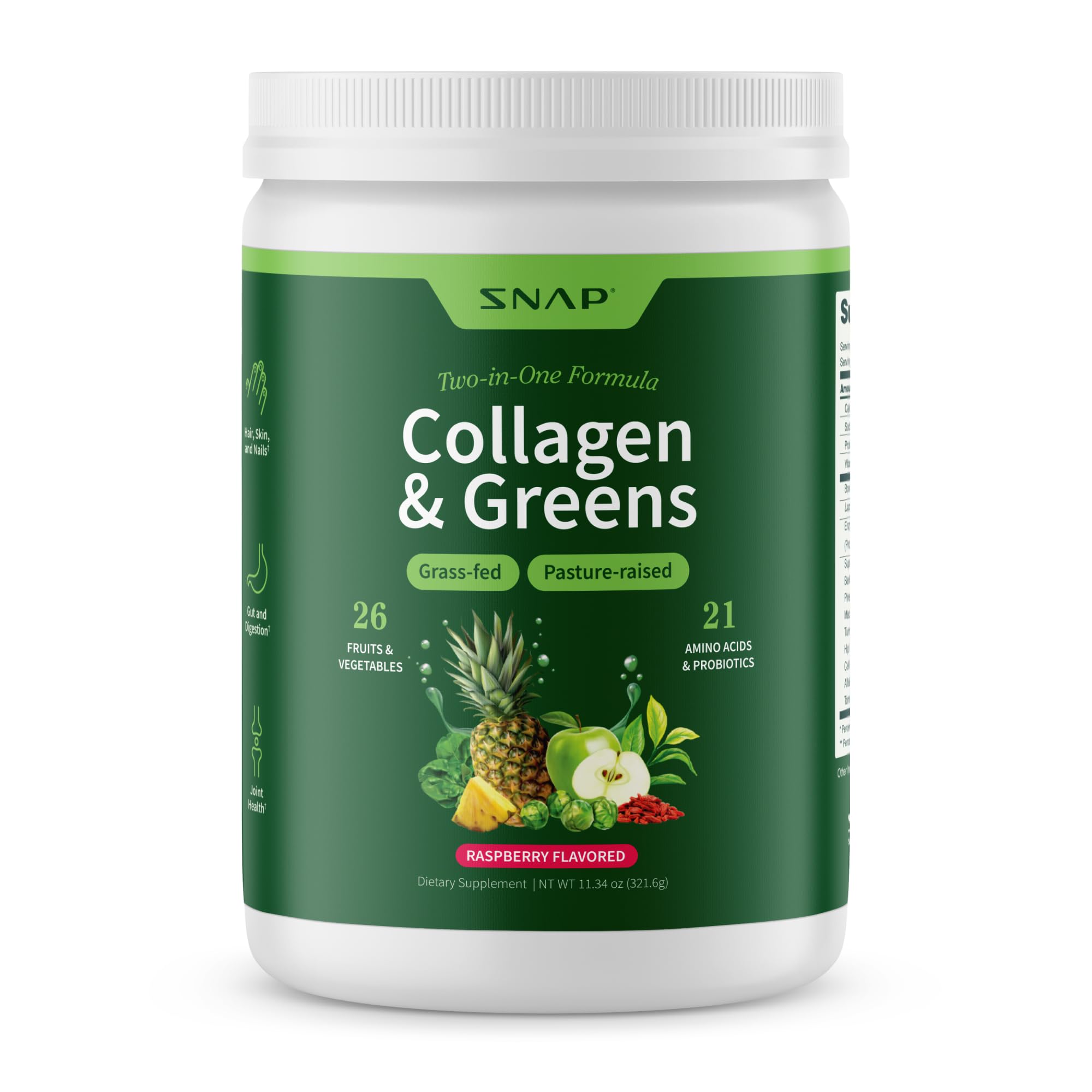 Snap Supplements Super Greens bottle showing collagen-infused greens for daily vitality.