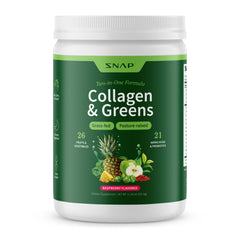 Snap Supplements Super Greens bottle showing collagen-infused greens for daily vitality.