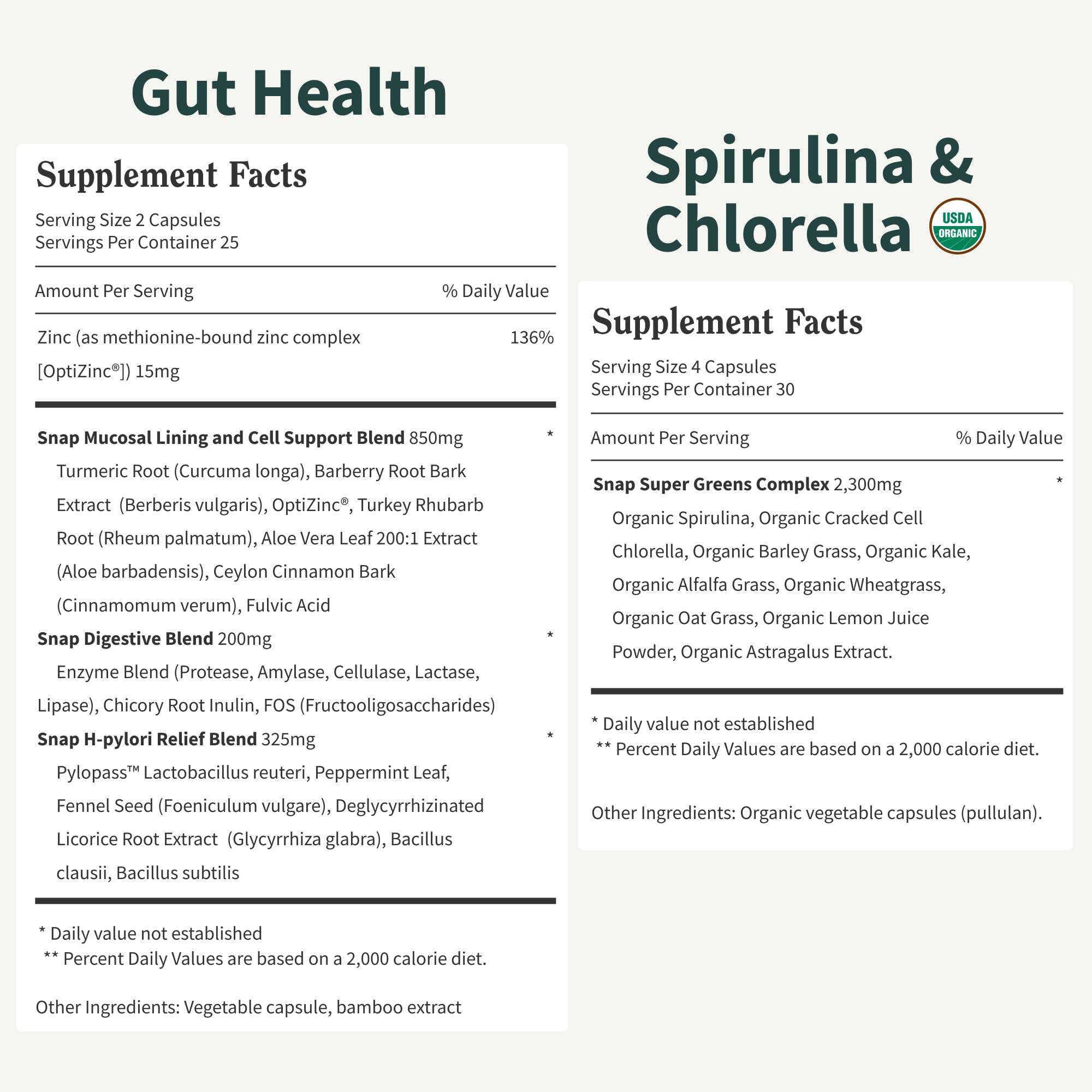 Snap Supplements greens and spirulina-chlorella ingredients listed on packaging
