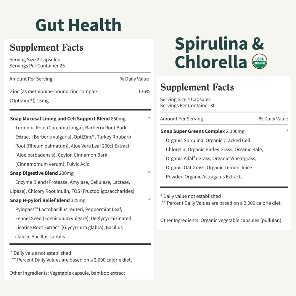 Snap Supplements greens and spirulina-chlorella ingredients listed on packaging