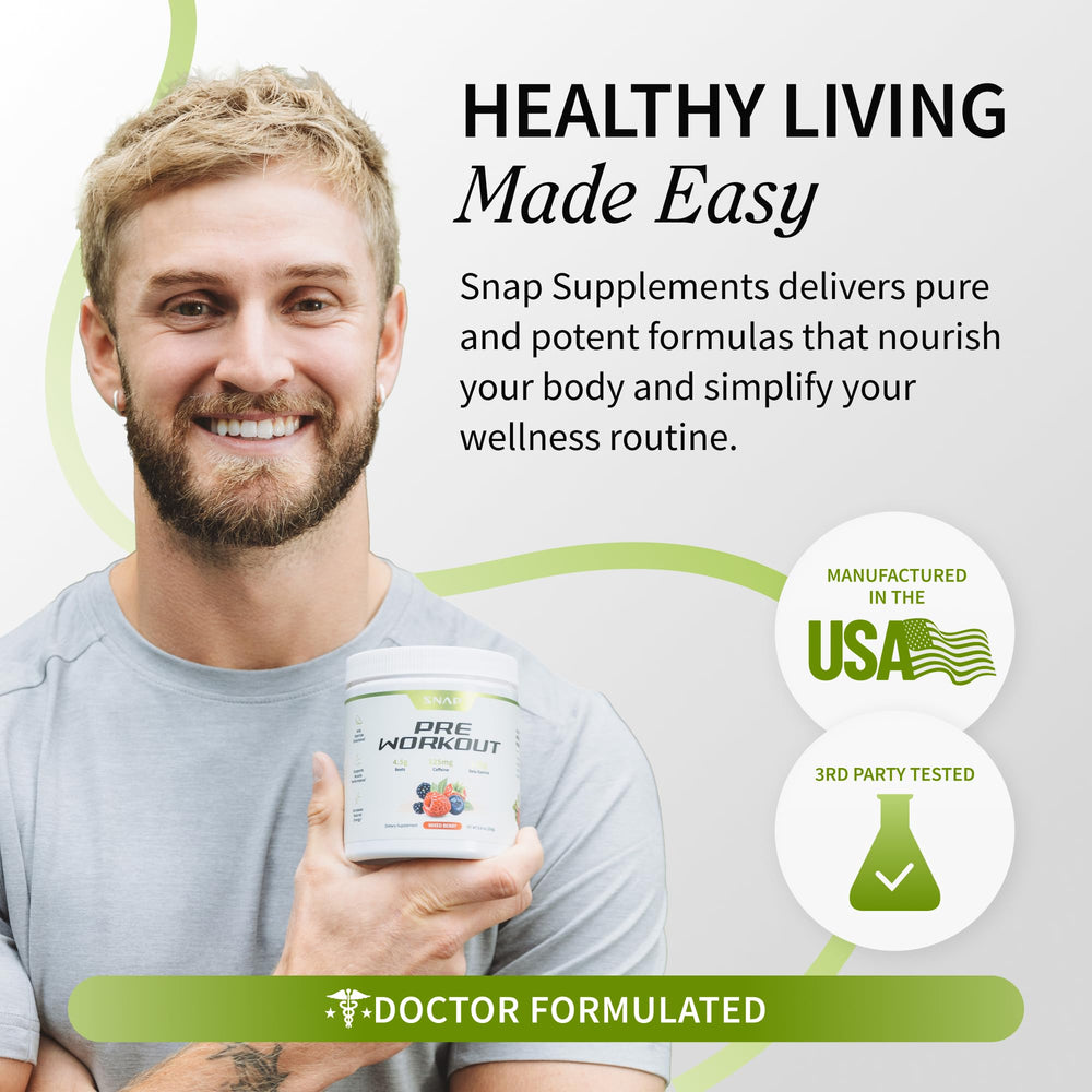 Snap Supplements USA-manufactured badge conveys trusted production standards.