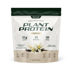 Snap Supplements vanilla bean vegan protein bottle on the counter for post-workout fueling.