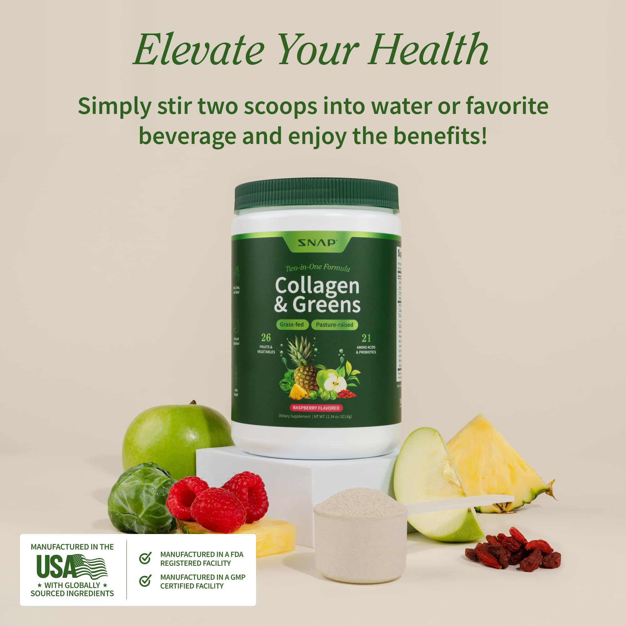 Snap Supplements Wheatgrass and Spirulina emphasize plant-based green energy.