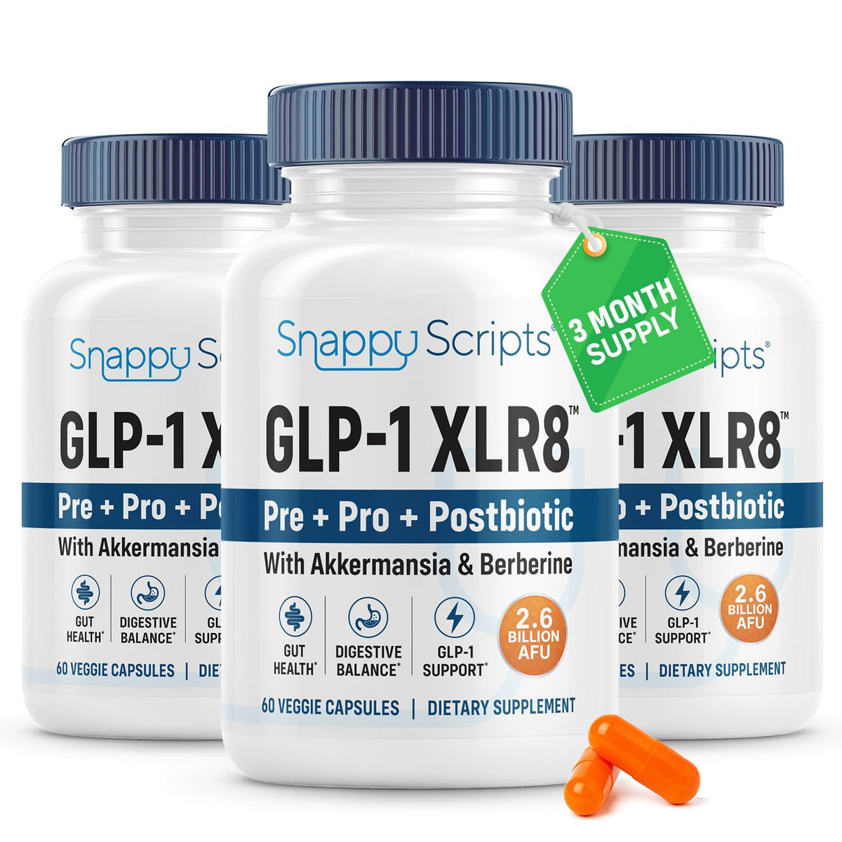 Snappy Scripts GLP-1 XLR8 bottle pour for easy daily dosing and gut support potential
