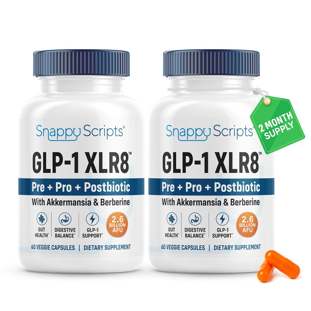 Snappy Scripts GLP-1 XLR8 bottle with capsules showcasing daily digestive balance