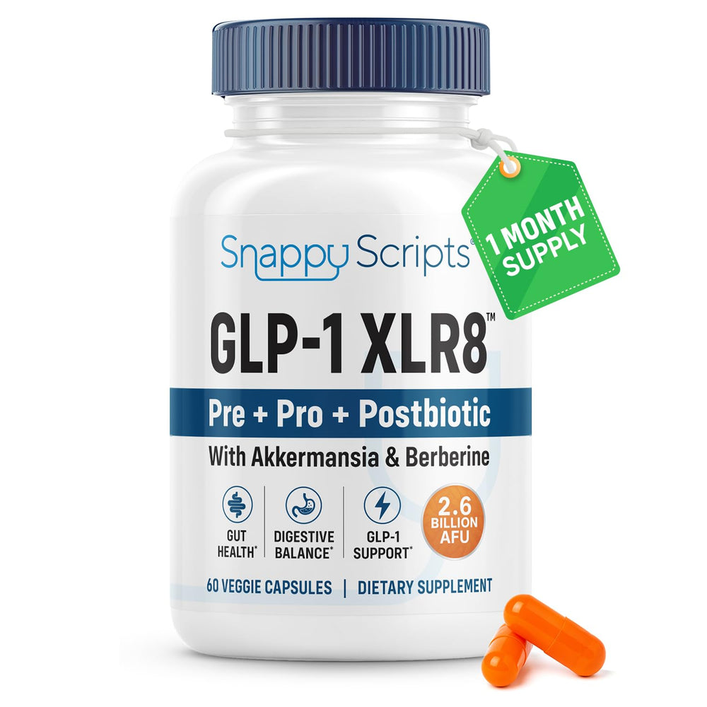 Snappy Scripts GLP-1 XLR8 bottle with capsules for daily wellness.