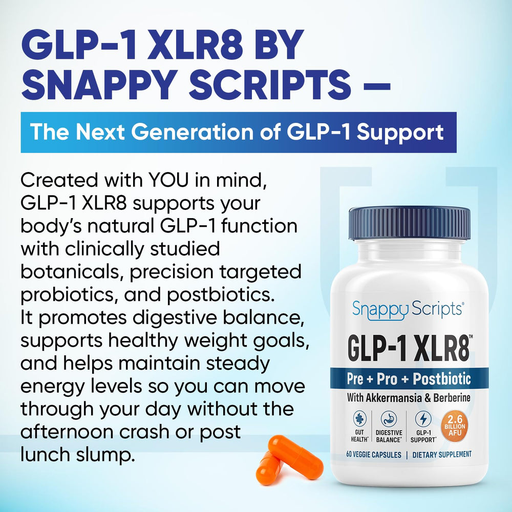 Snappy Scripts GLP-1 XLR8 label close-up highlighting probiotic blend