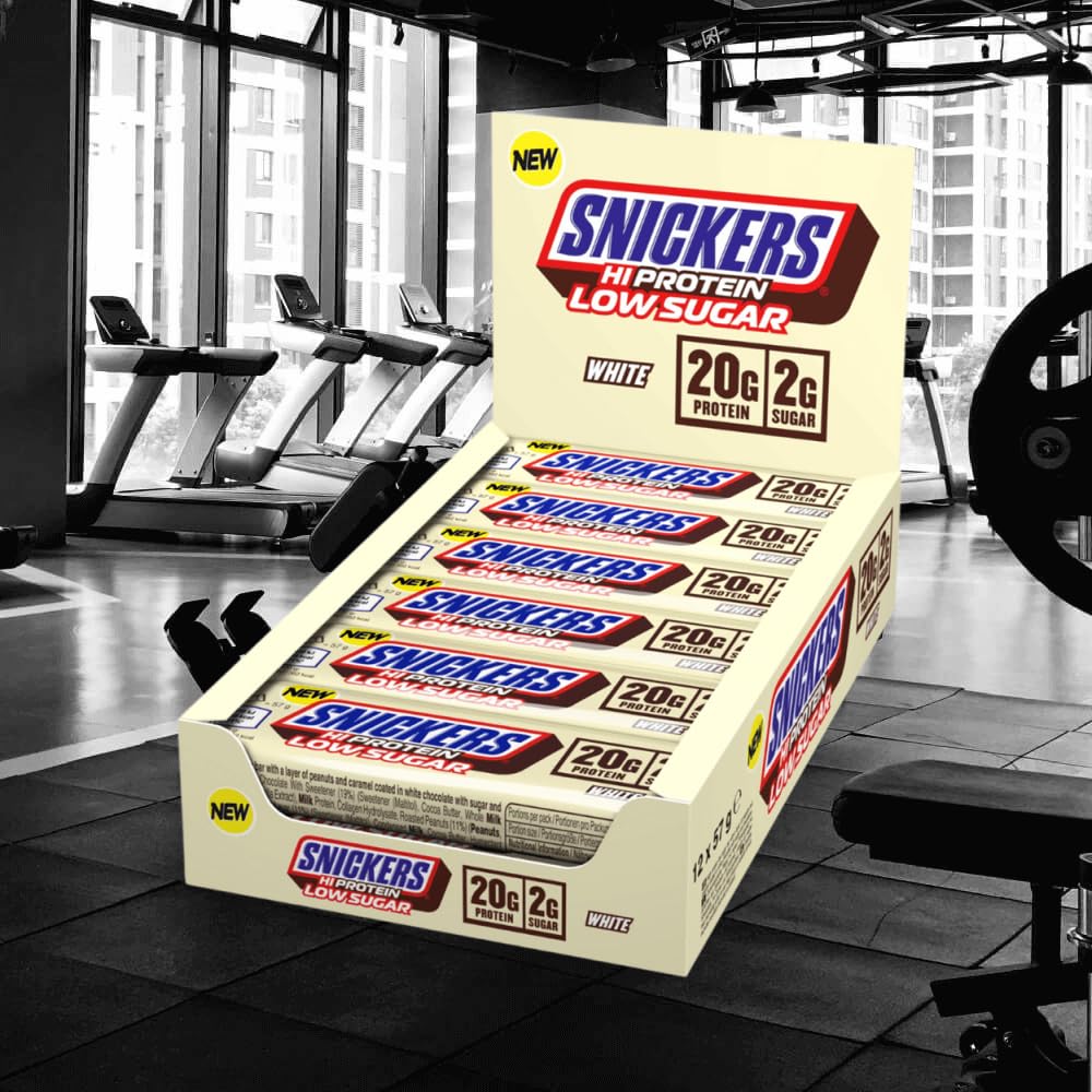 Snickers low-sugar protein bar white chocolate ingredients label with nutrition details.