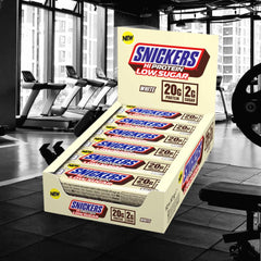 Snickers low-sugar protein bar white chocolate ingredients label with nutrition details.