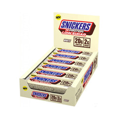 Snickers low-sugar protein bar white chocolate pack front, ready for a quick snack.
