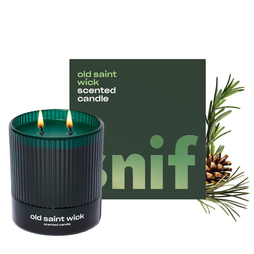 Snif Old Saint Wick candle woodsy pine scent for a cozy living room ambiance