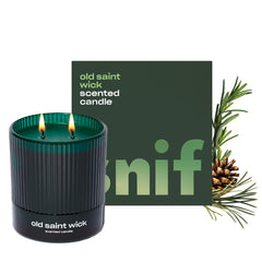 Snif Old Saint Wick candle woodsy pine scent for a cozy living room ambiance