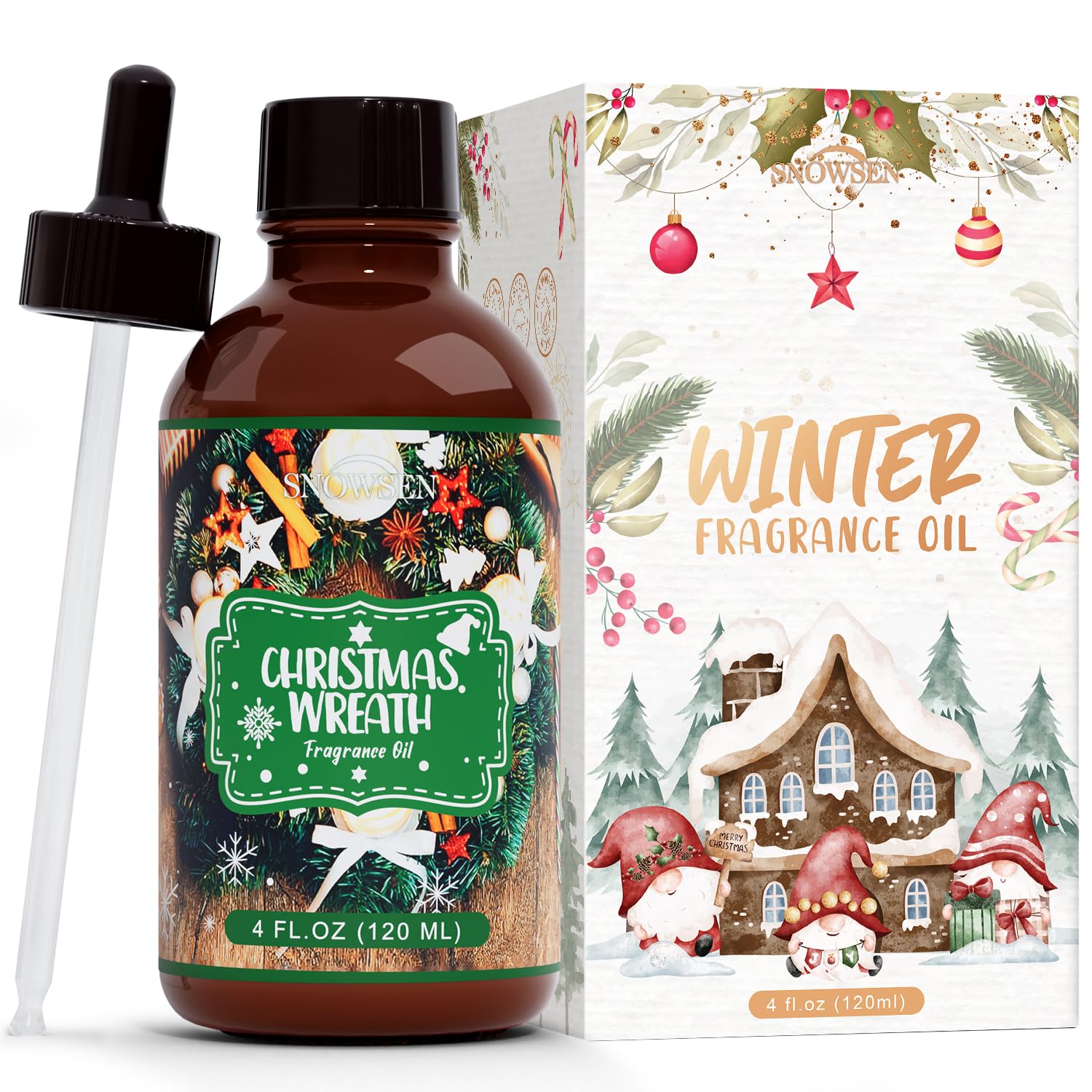 SNOWSEN Christmas Wreath fragrance oil in an amber bottle for long-lasting aroma.