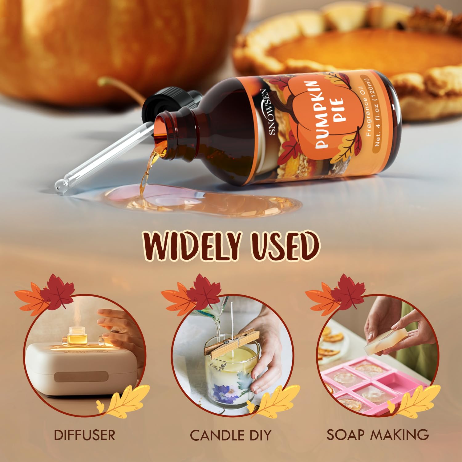 SNOWSEN Pumpkin Pie fragrance oil amber bottle preserves freshness for long-lasting use.