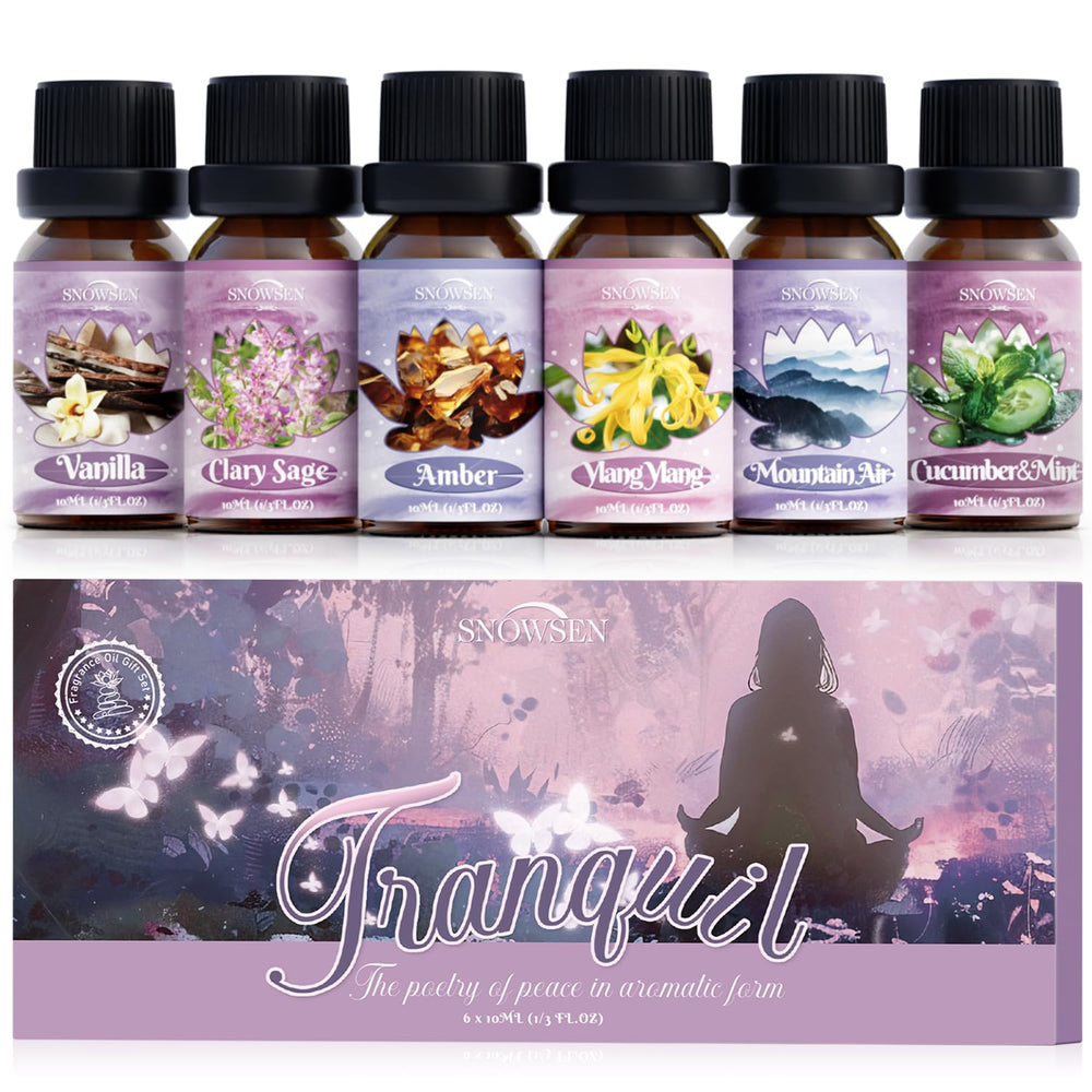 SNOWSEN Tranquil Amber oil bottle for diffusers, adds warm, calming ambience.