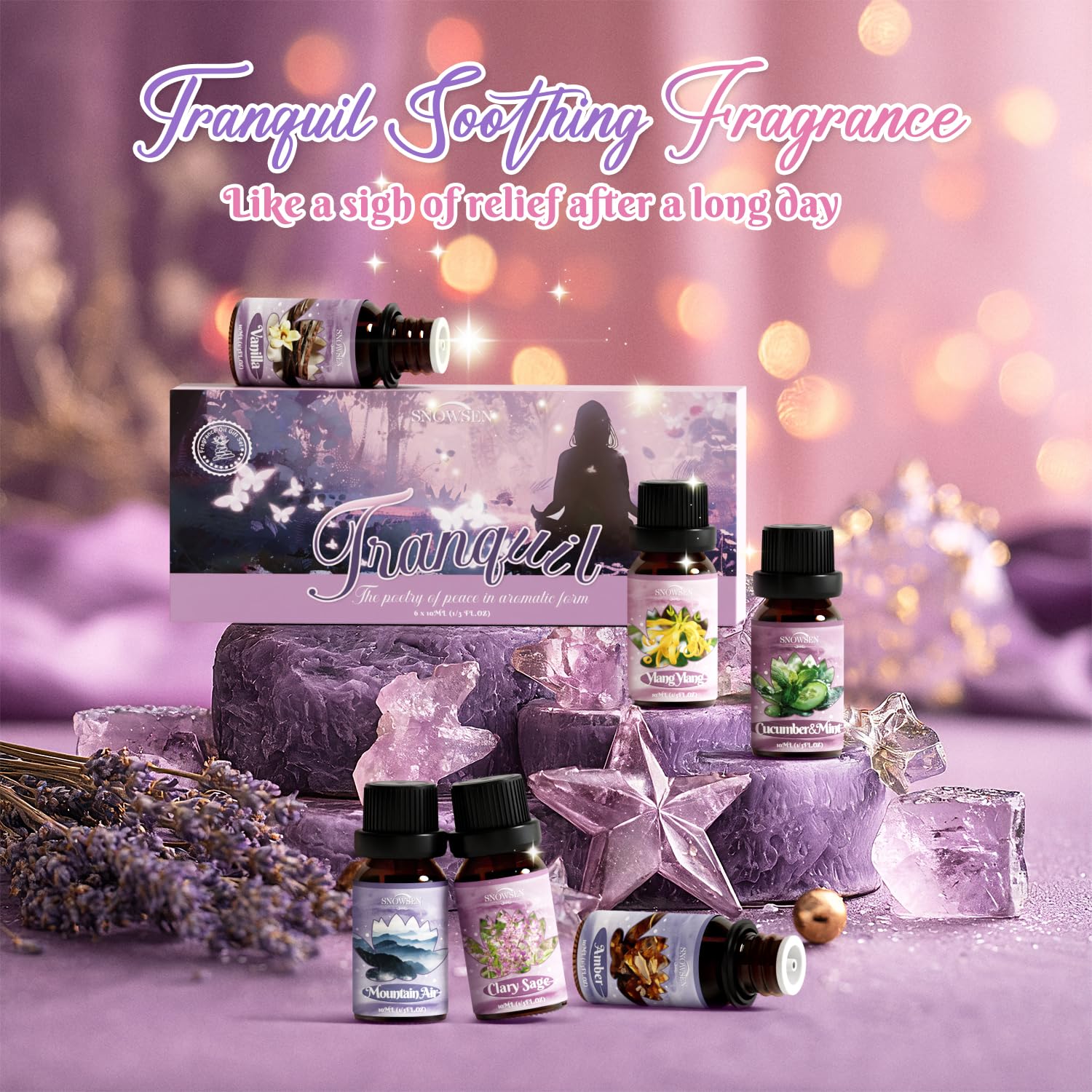 SNOWSEN Tranquil diffuser oils set packaging image highlighting six calm scents.