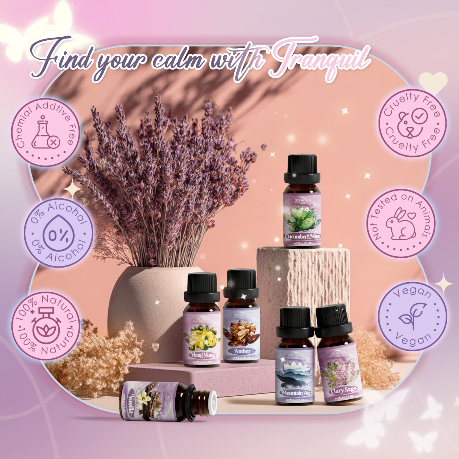 SNOWSEN Tranquil Vanilla oil bottle for diffusers and DIY soaps with comforting sweetness.