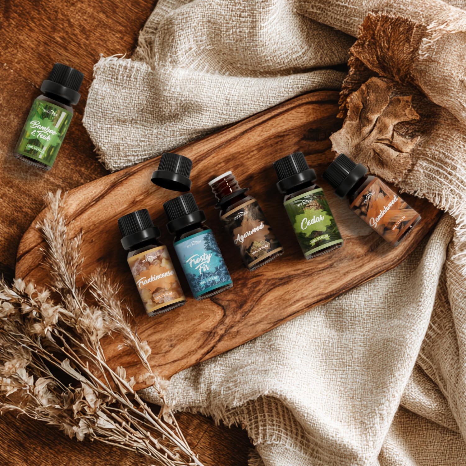 SNOWSEN Woody Essential Oil Set Bamboo Teak bottle for spa like freshness and DIY blends